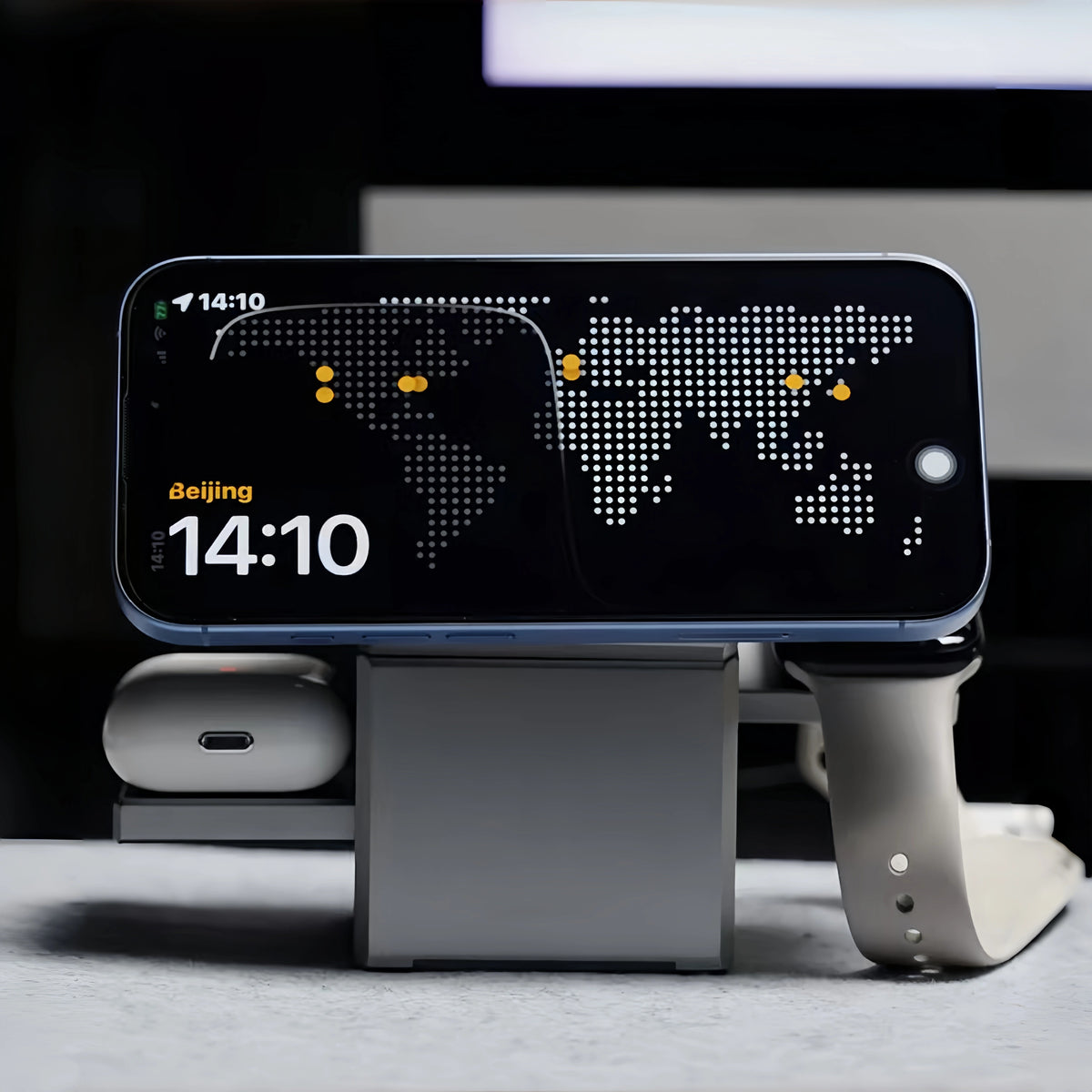 Avora Axis charging dock with a compatible phone, smartwatch, and earbud case
