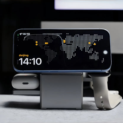 Avora Axis charging dock with a compatible phone, smartwatch, and earbud case